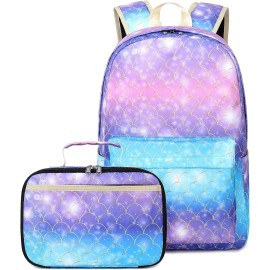 JIANYA Backpack for Girls School Backpacks Lunch Box Set Mermaid Scales Teen Gi