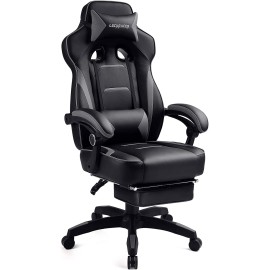 Luckracer GREY Gaming Chair with Footrest Office Desk Chair Ergonomic Gaming Chair Pu Leather High Back Adjustable Swivel Lumbar Support Racing Style E-Sports Gamer Chairs Gray