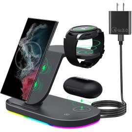 OVISBAI 3 in 1 Android Wireless Charger for Samsung Devices, Wireless Charging Station for Samsung Galaxy S22/S22+/S22 Ultra/S21/S20/S10/Note20, Galaxy Watch 4/Classic/3,Galaxy Buds/Pro/+/Live Black