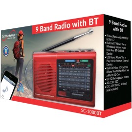 Supersonic 9-Band Rechargeable Bluetooth Radio With Usb/Sd Card Input (Red)