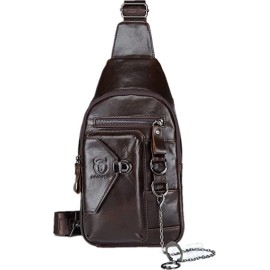 BULLCAPTAIN Genuine Leather Sling Bag for Men Crossbody with Cellphone Stand Chain Chest Shoulder Backpack (Coffee)