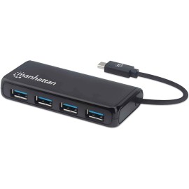 Manhattan 164924 4-Port USB 3.2 Gen 1 Hub USB-C Male to 4x USB A Female 5Gbps Data Transfer Rates USB Powered Black