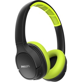 Philips ActionFit SH402 Wireless Bluetooth Headphones, IPX4 Splash-Resistance, Up to 20 hours of Play time, Echo Cancellation, Quick Charge, Smart Pairing and Cooling Earcups - Black/Green (TASH402LF)